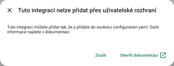 Upozornění, že Actiontec se přidává přes configuration.yaml