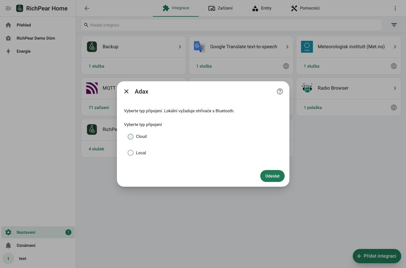 Průvodce integrací Adax s výběrem cloudového nebo lokálního připojení v českém RichPear Home