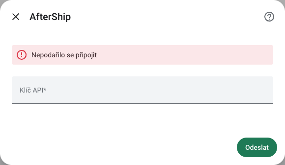 Chyba připojení AfterShip při neplatném API klíči v českém RichPear Home