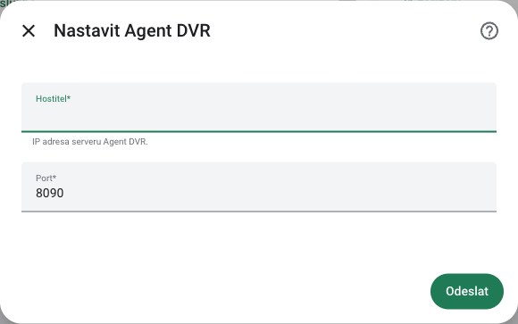 Formulář Agent DVR s poli Hostitel a Port v RichPear Home