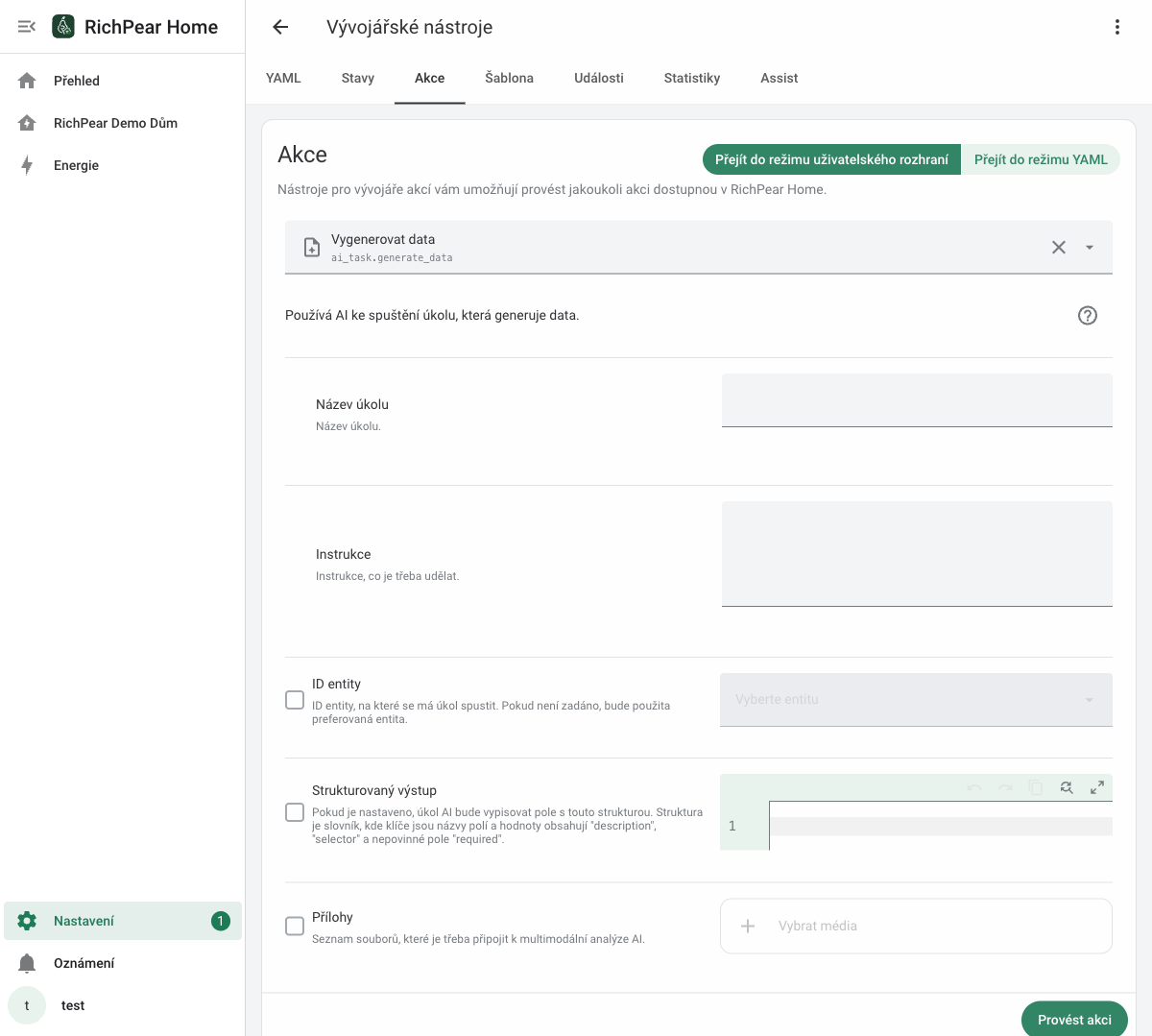 Formulář akce ai_task.generate_data v českém RichPear Home