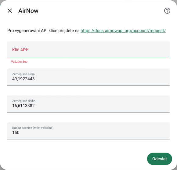 Formulář AirNow pro API klíč, zeměpisnou šířku, délku a rádius stanice