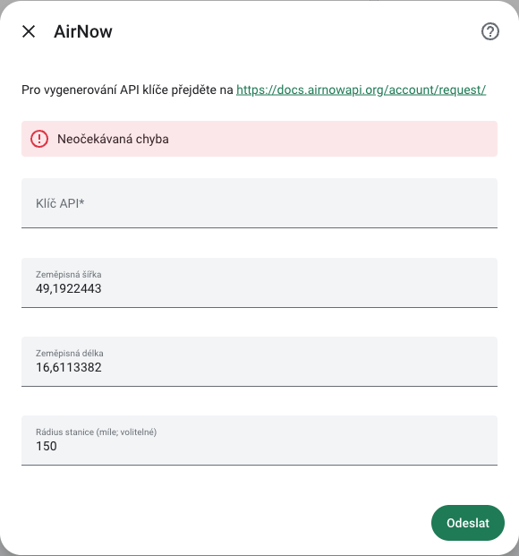 Chyba AirNow po odeslání neplatného API klíče v českém RichPear Home