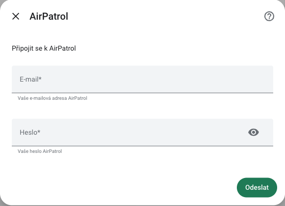 Formulář AirPatrol s e-mailem a heslem v českém RichPear Home