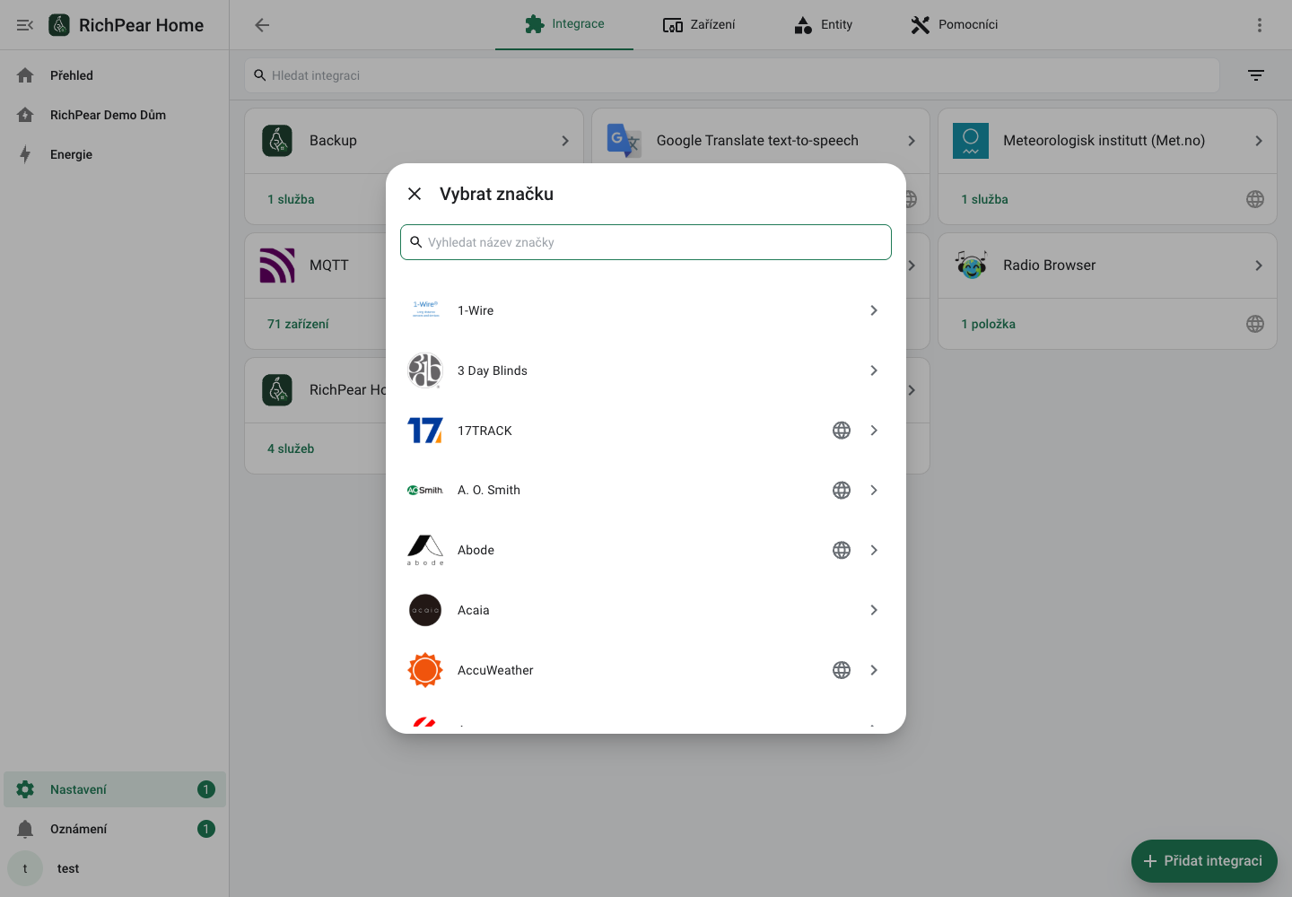 Dialog Přidat integraci v českém RichPear Home