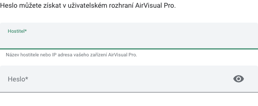 Formulář AirVisual Pro s poli Hostitel a Heslo v českém RichPear Home