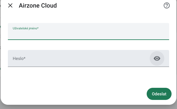 Průvodce Airzone Cloud v českém RichPear Home s poli pro uživatelské jméno a heslo