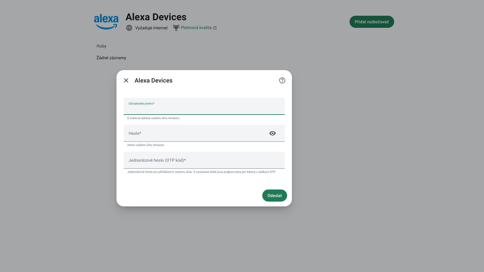 Přihlašovací dialog Alexa Devices v českém RichPear Home