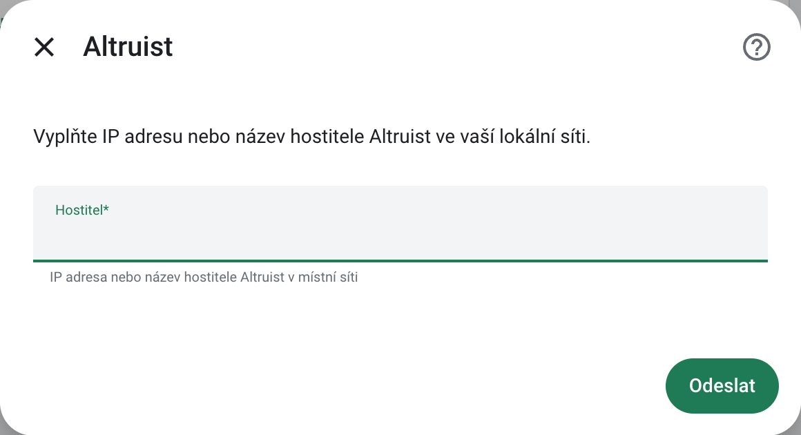 Český formulář Altruist pro zadání hostitele v RichPear Home
