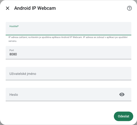 Formulář Android IP Webcam s poli Hostitel, Port, Uživatelské jméno a Heslo v RichPear Home