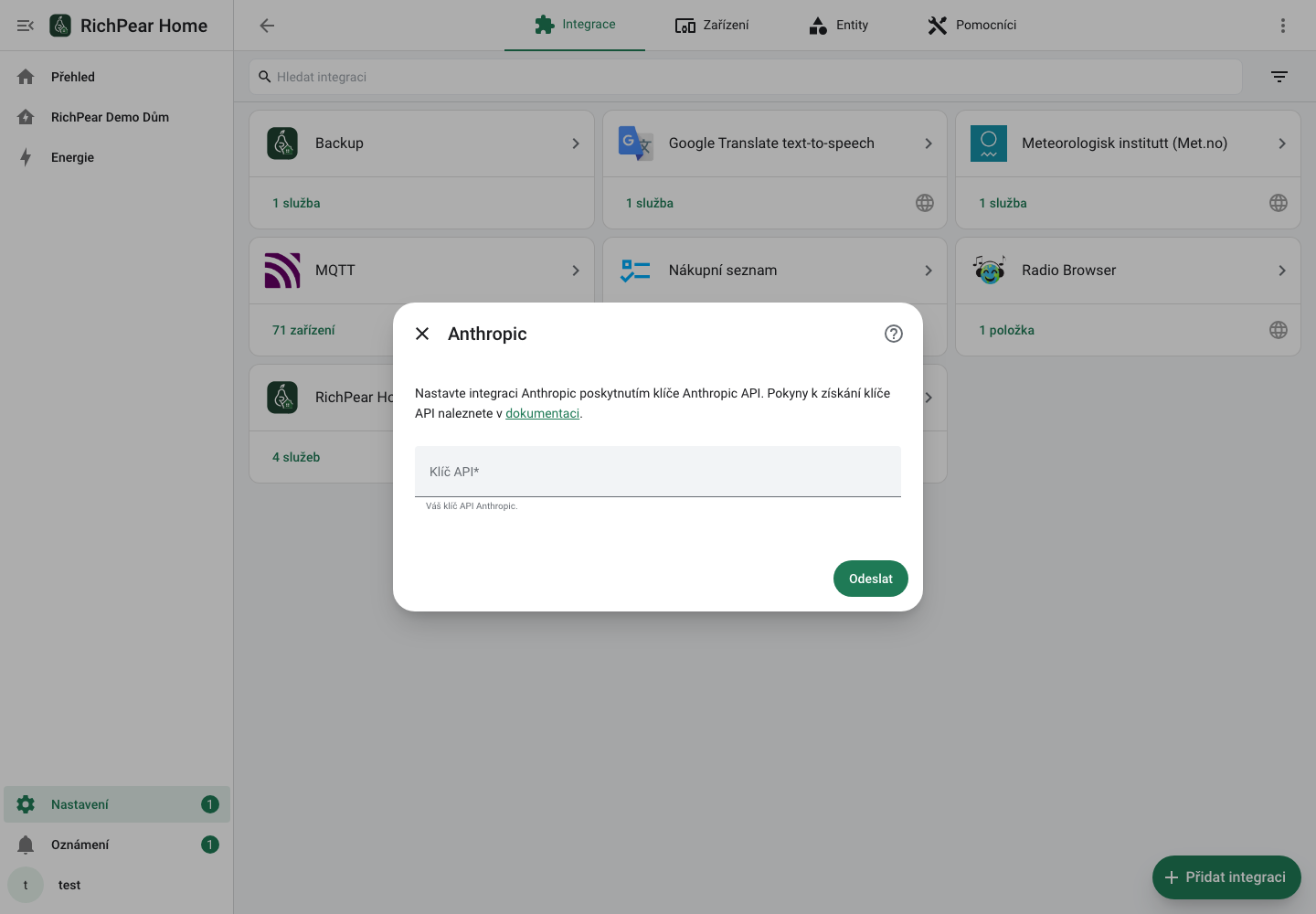 Formulář Anthropic pro API klíč v českém RichPear Home