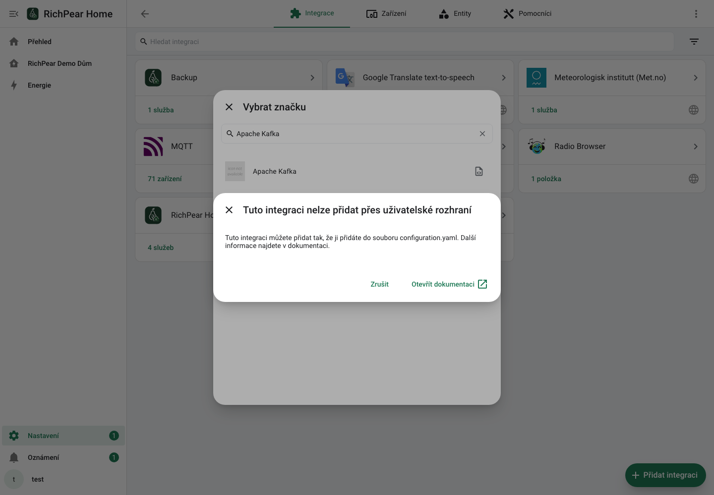 Informace o ruční konfiguraci Apache Kafka v RichPear Home
