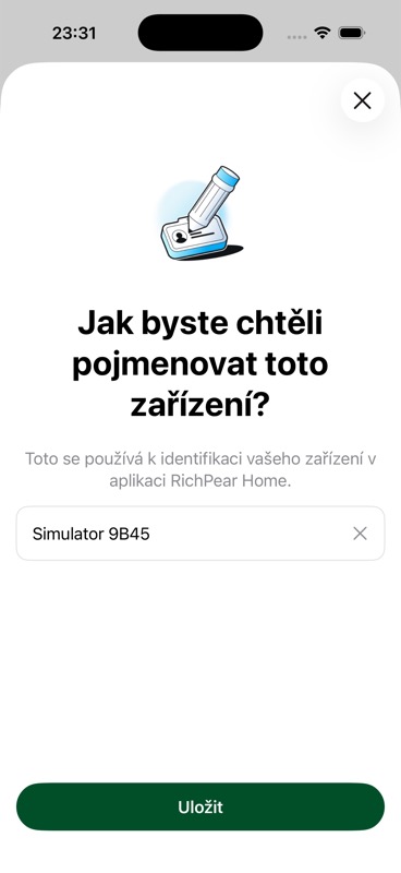 Obrazovka pro pojmenování telefonu v aplikaci