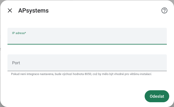Formulář APsystems s IP adresou a portem.
