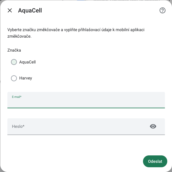 Formulář AquaCell pro značku, e-mail a heslo.