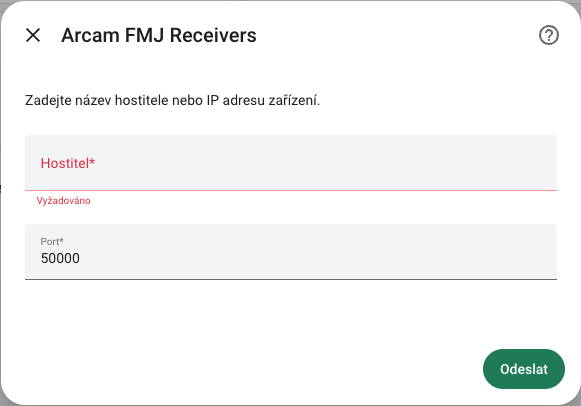 Formulář Arcam FMJ Receivers s hostitelem a portem.