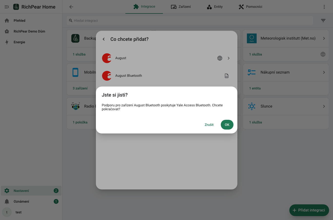 Potvrzení August Bluetooth v RichPear Home