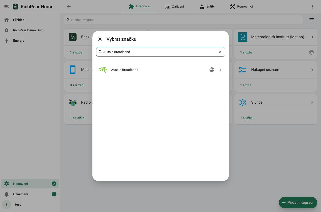 Vyhledání Aussie Broadband v RichPear Home