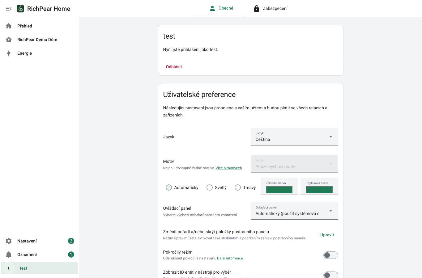 Profil uživatele v RichPear Home