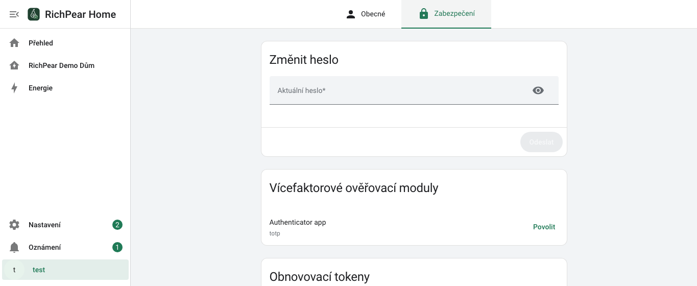 Zabezpečení profilu v RichPear Home
