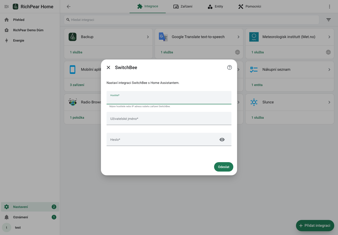 Přihlášení SwitchBee pro BSwitch v RichPear Home