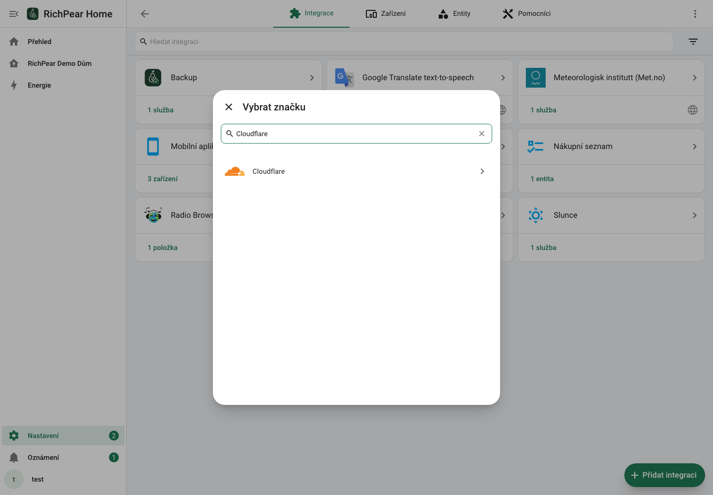 Vyhledání Cloudflare v RichPear Home