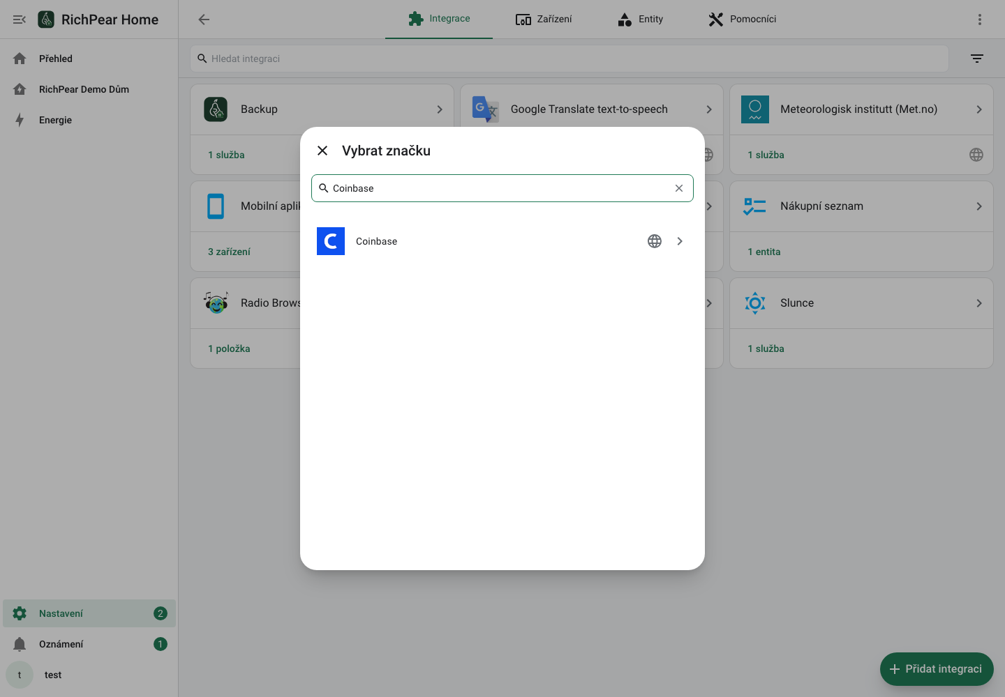 Vyhledání Coinbase v RichPear Home