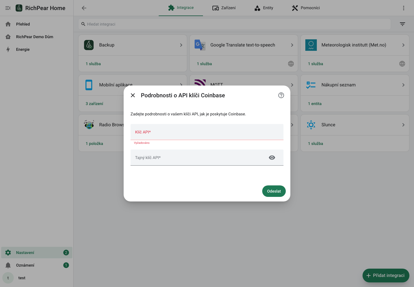 Nastavení Coinbase v RichPear Home