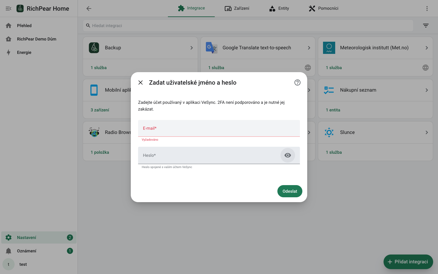 Přihlášení VeSync pro Cosori v RichPear Home