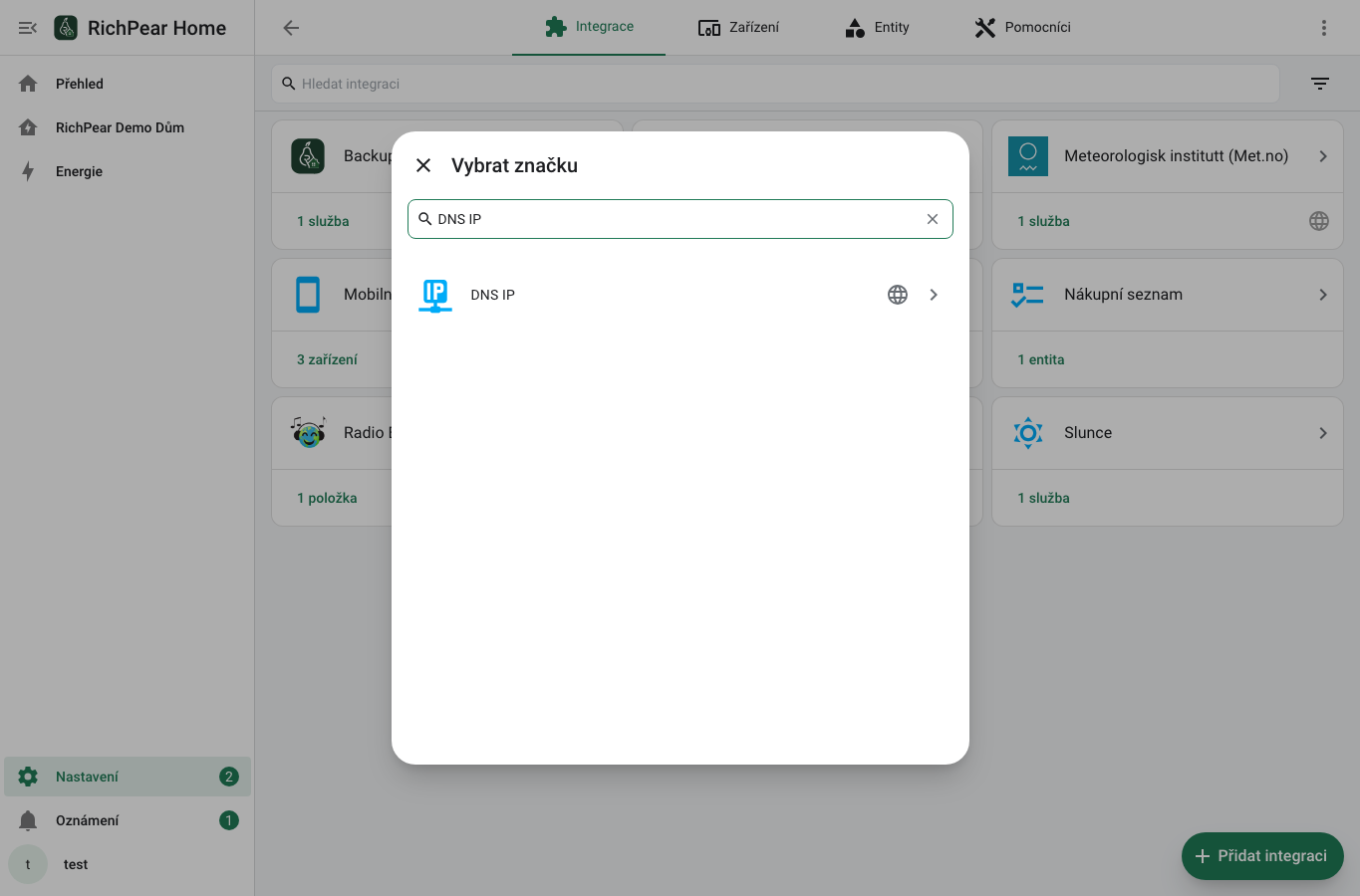 Vyhledání DNS IP v českém dialogu Přidat integraci