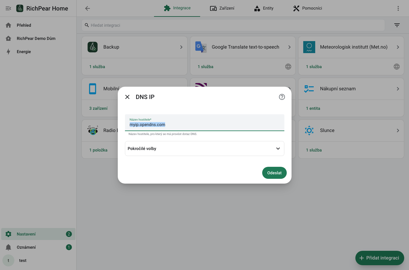 Formulář DNS IP v českém RichPear Home
