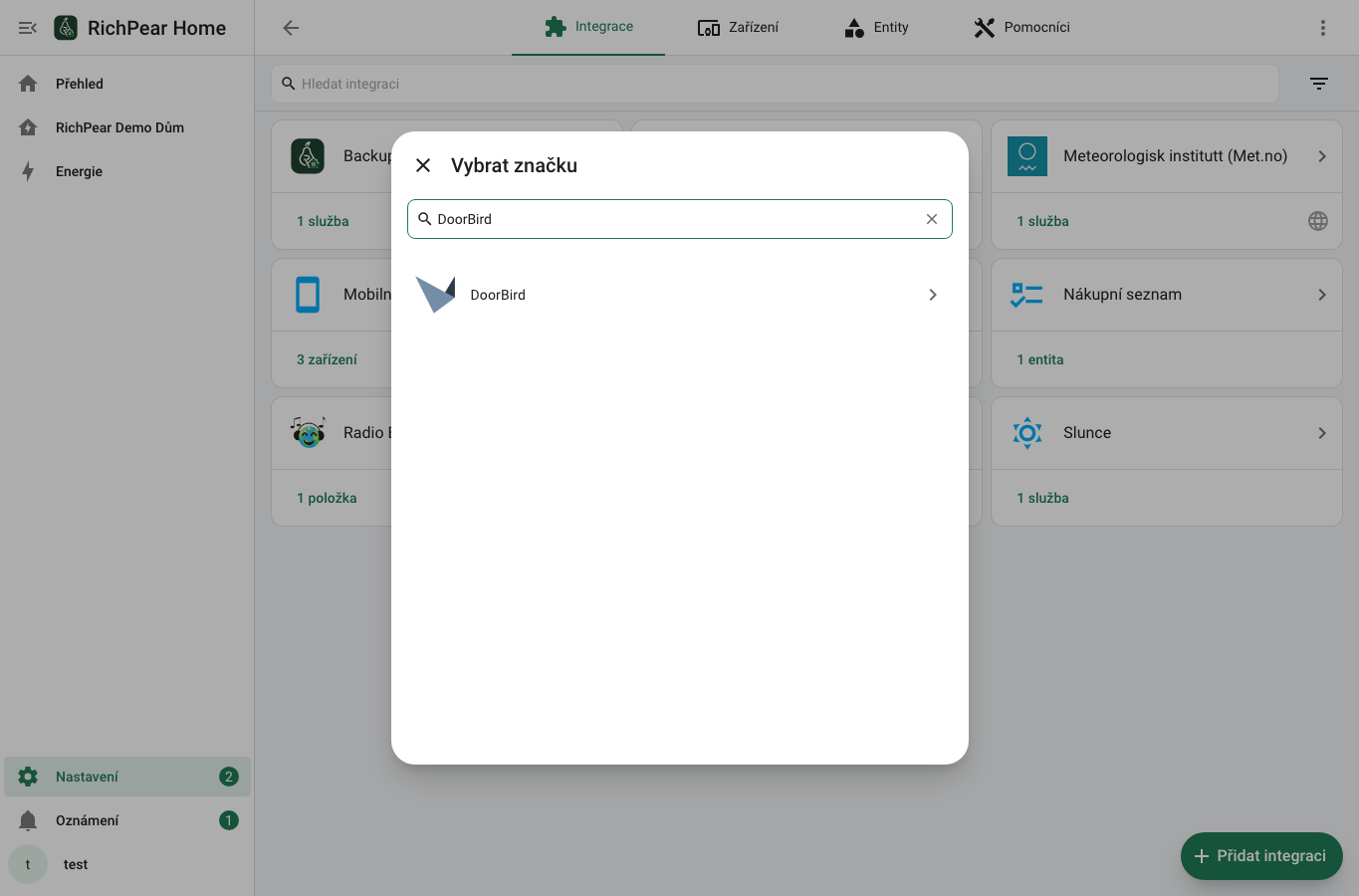 Vyhledání DoorBird v českém dialogu Přidat integraci