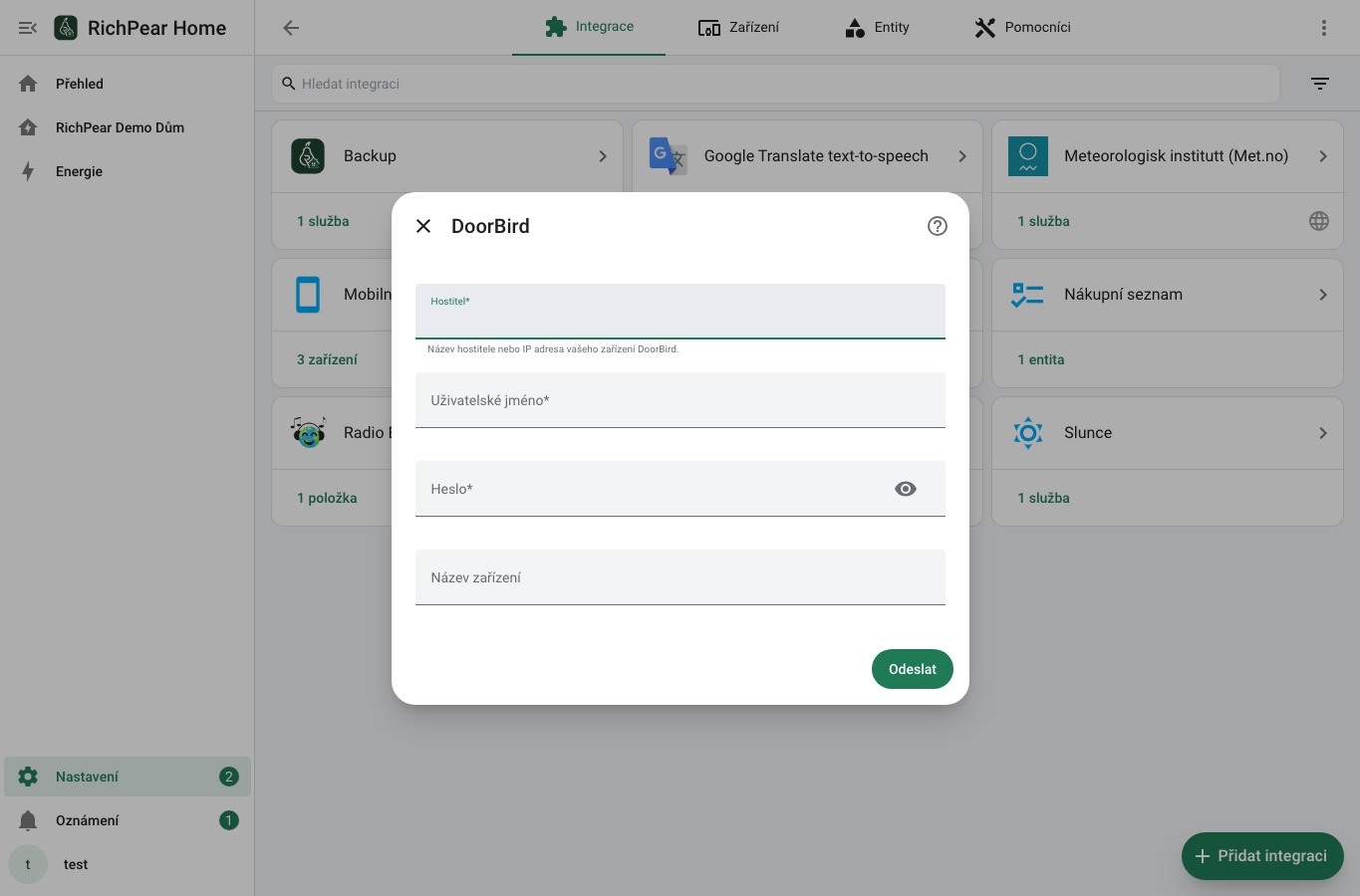 Formulář DoorBird s hostitelem, uživatelským jménem, heslem a názvem zařízení