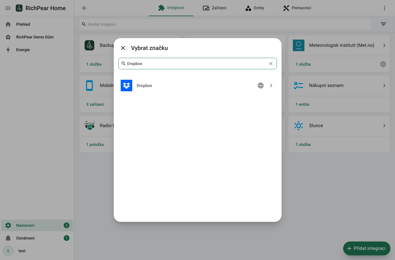 Vyhledání Dropbox v českém dialogu Přidat integraci
