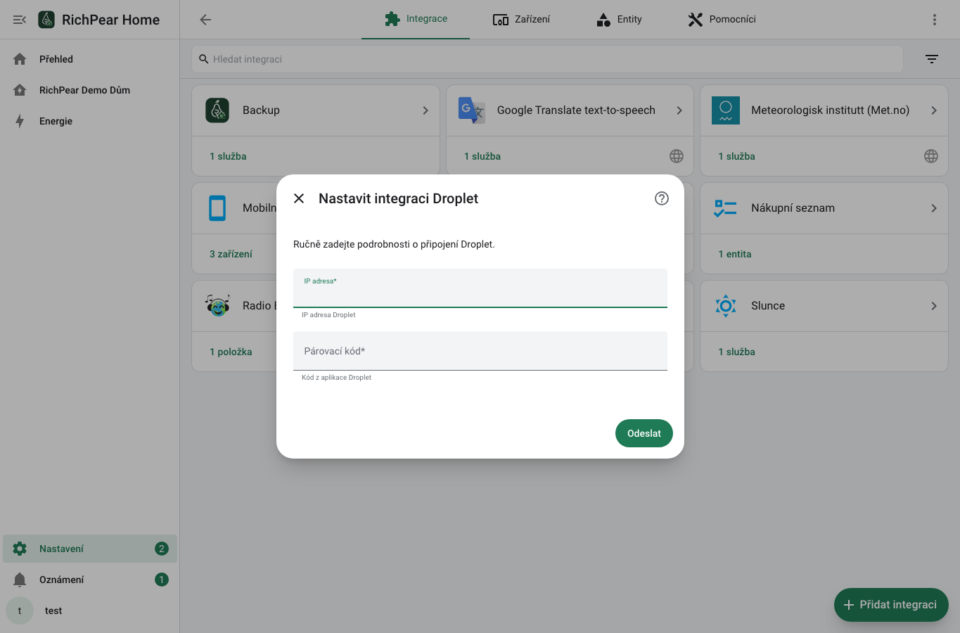 Formulář Droplet s IP adresou a párovacím kódem