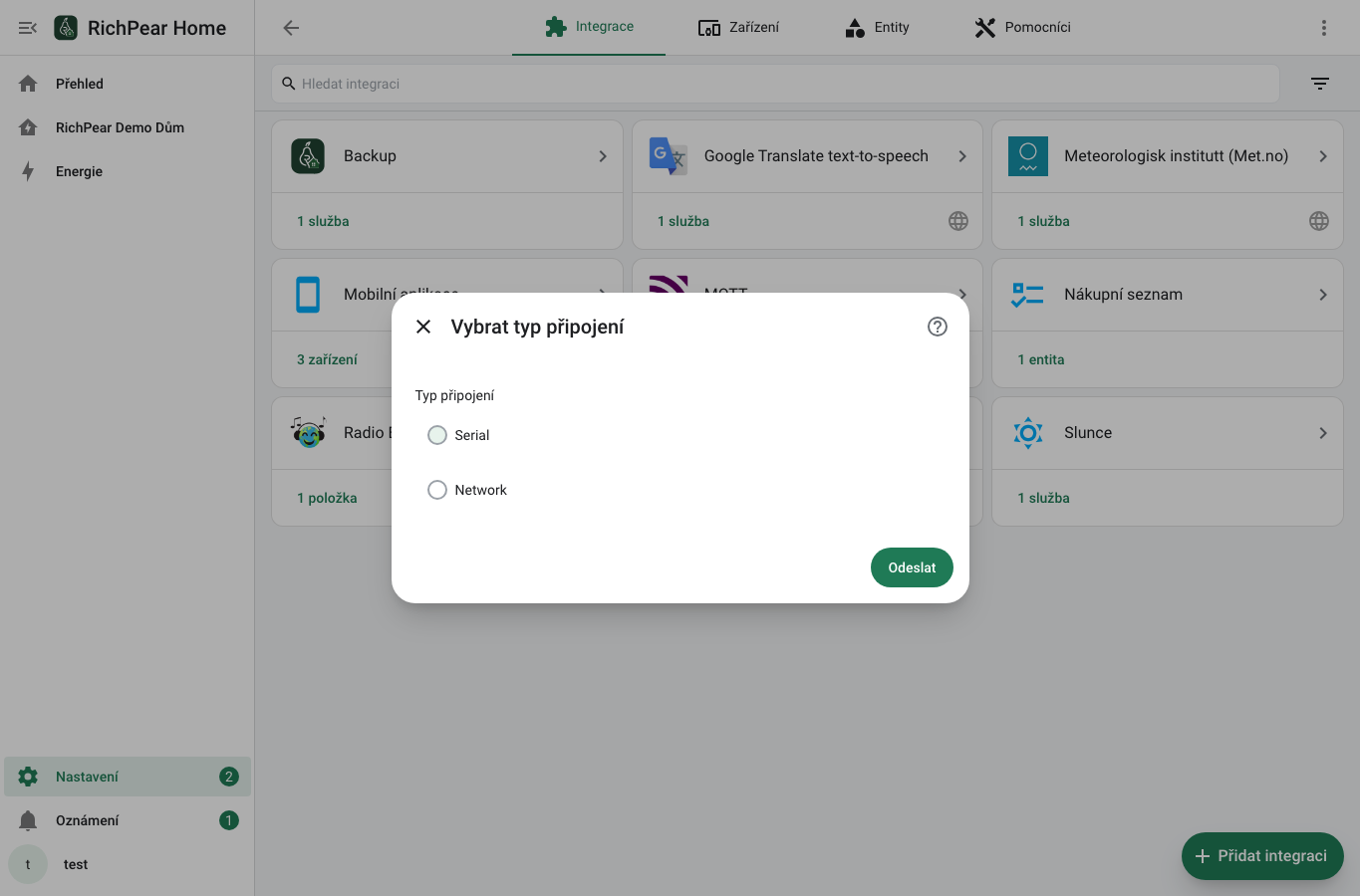 Volba typu připojení DSMR Smart Meter v českém RichPear Home
