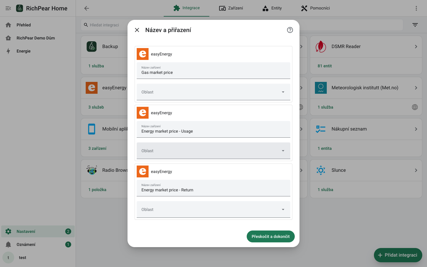 Přiřazení senzorů easyEnergy v RichPear Home