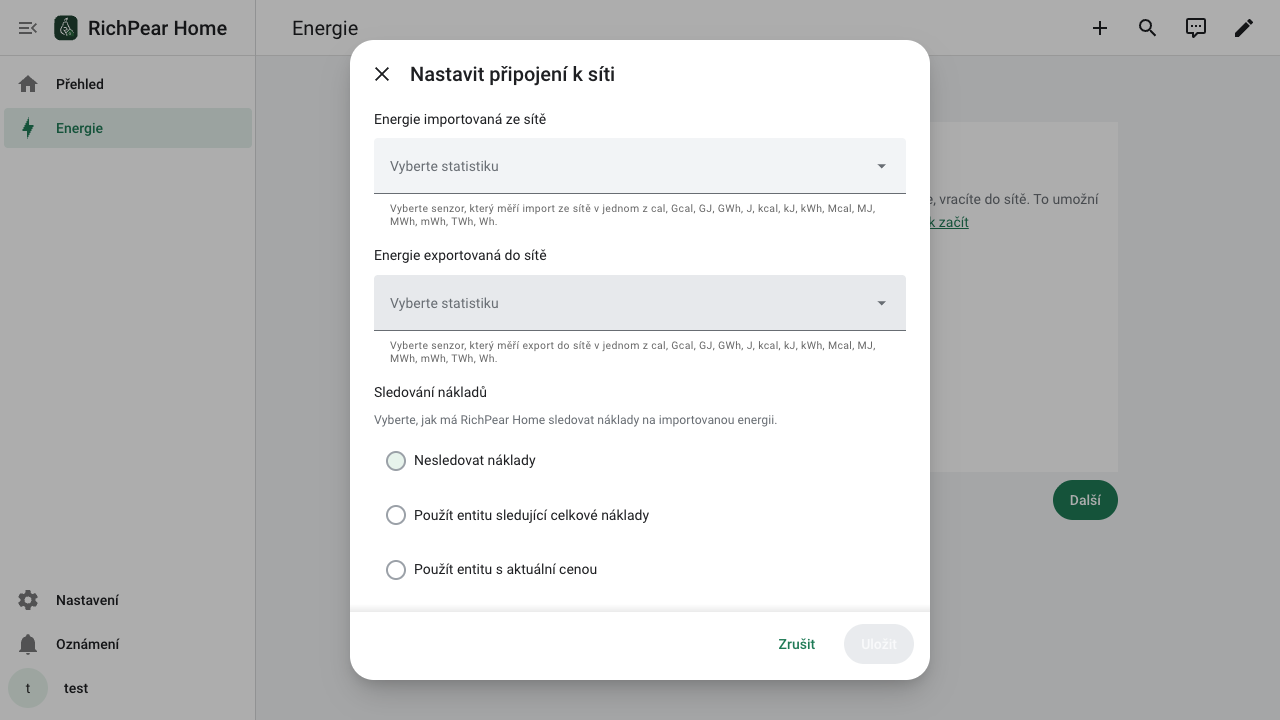 Dialog přidání připojení k elektrické síti v RichPear Home