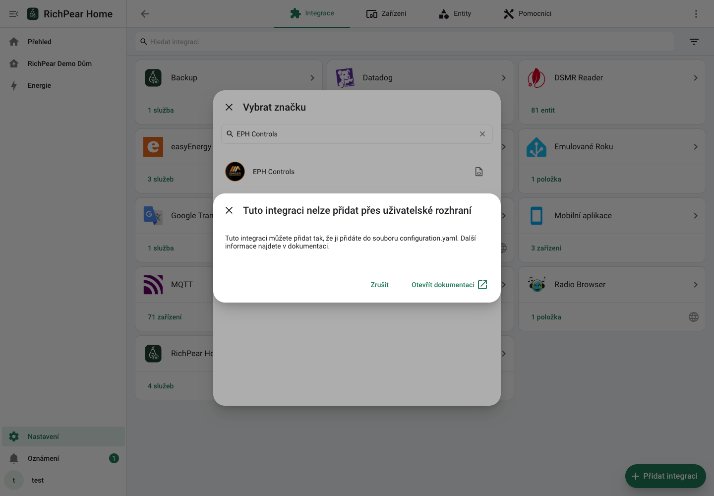 První bezpečný krok nastavení EPH Controls