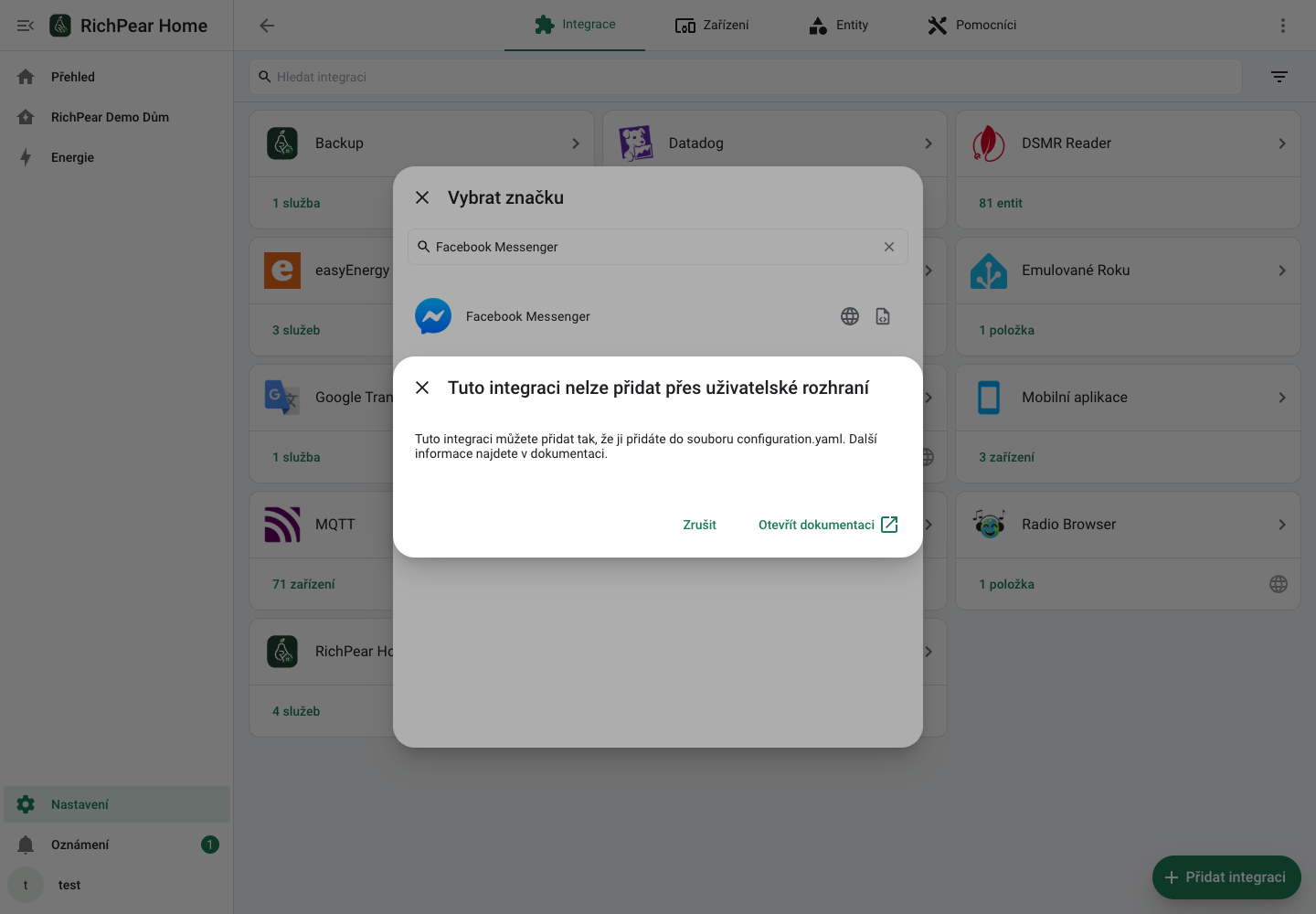 První bezpečný krok nastavení integrace Facebook Messenger v RichPear Home.
