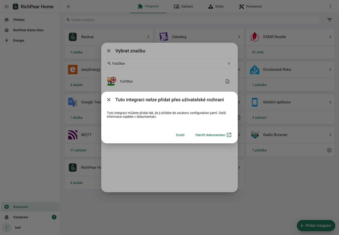 První bezpečný krok nastavení integrace Fail2Ban v RichPear Home.