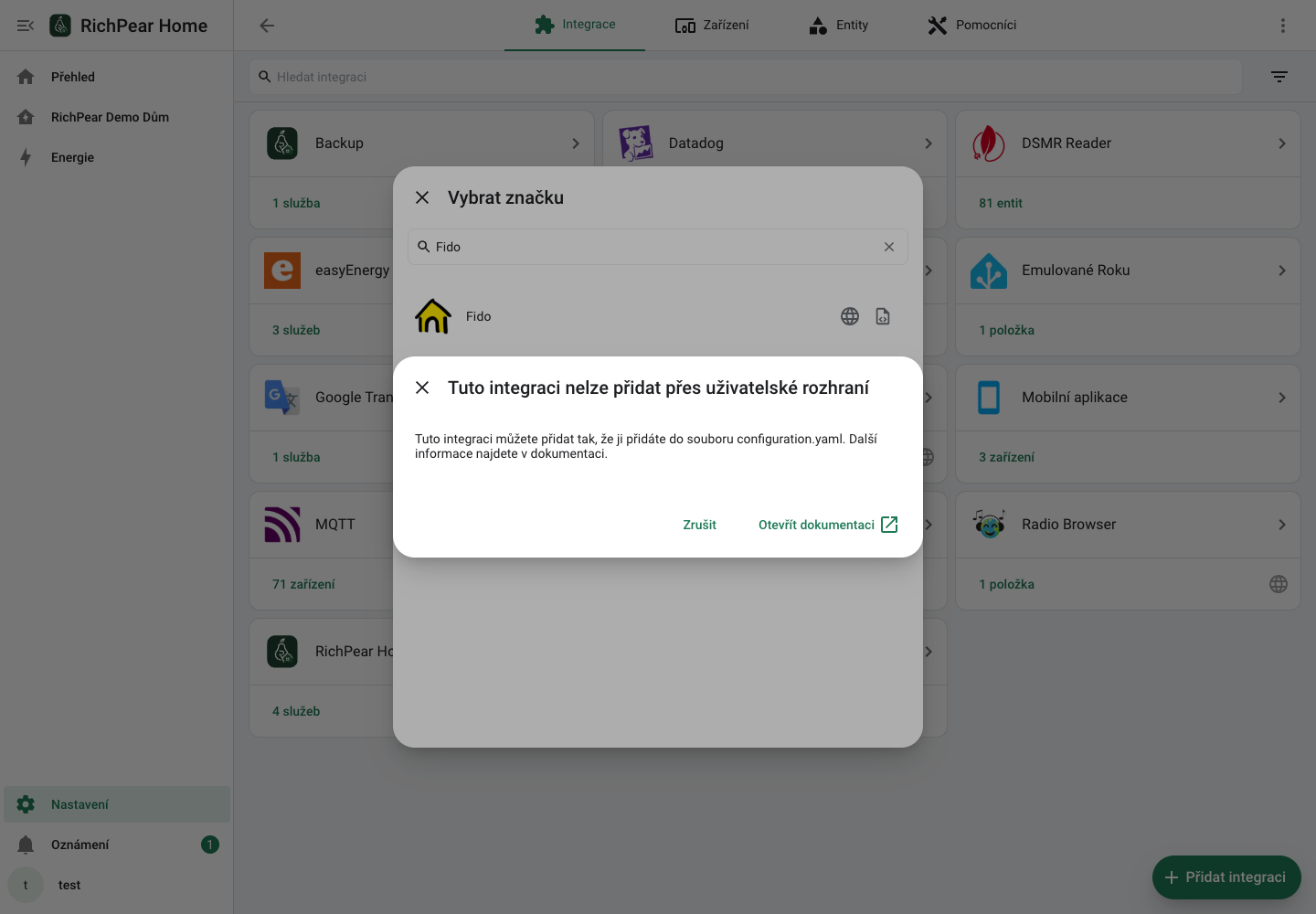 První bezpečný krok nastavení integrace Fido v RichPear Home.