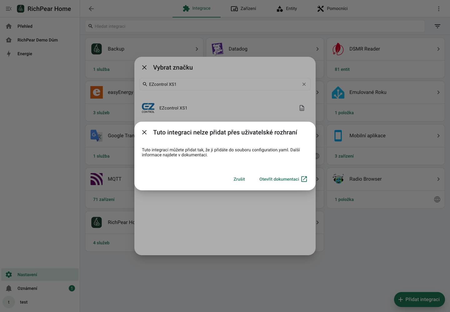 První bezpečný krok nastavení integrace EZcontrol XS1 v RichPear Home.